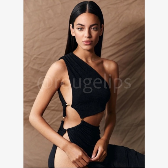 Black Cutout Asymmetrical Dress One Shoulder Open Side Gold Rope Detail - Picture 9 of 16